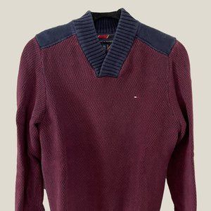 SALE XS TOMMY HILFIGER MAROON RED NAVY BLUE BIRDSEYE SHAWL NECK SWEATER